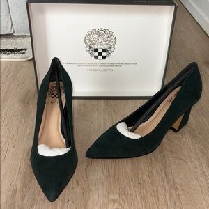 Vince Camuto Hailenda Heels in Evergreen True Suede